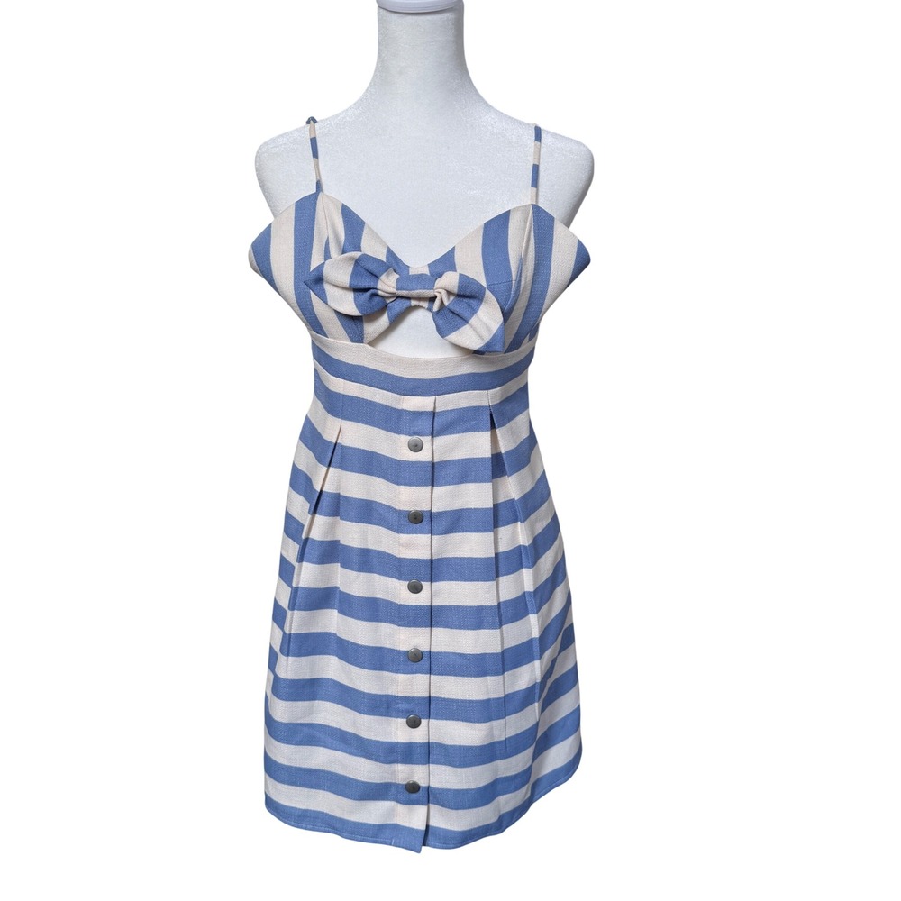 Lovers Friends Revolve Ocean Waves Mini Dress S Blue White Stripe Bow Cutout